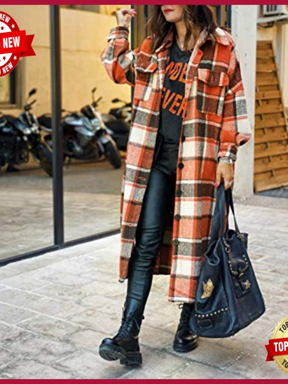 Plaid Button Down Long Jacket Fall Flannel Trench Coat Women - Picture 2 of 7